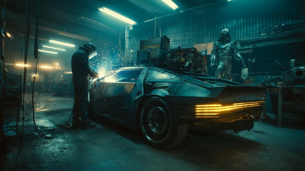 A car on which a worker is welding something