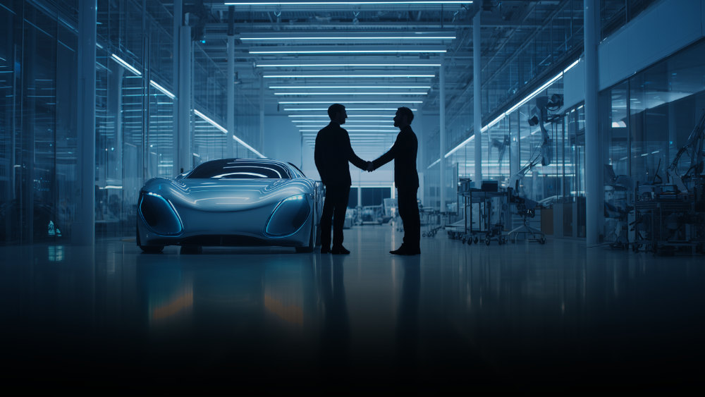 A car and two people shaking hands
